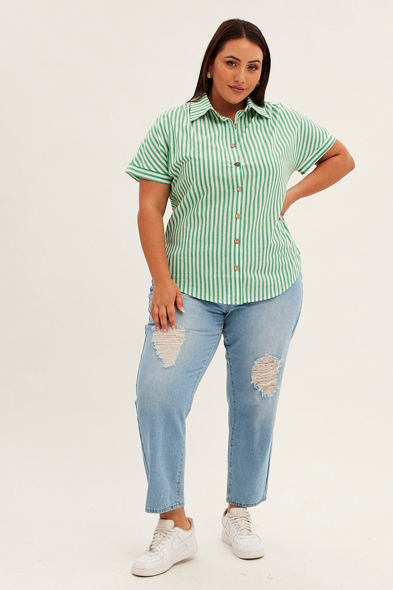 Green Stripe Relaxed Shirt Short Sleeve Button Up - Image 2