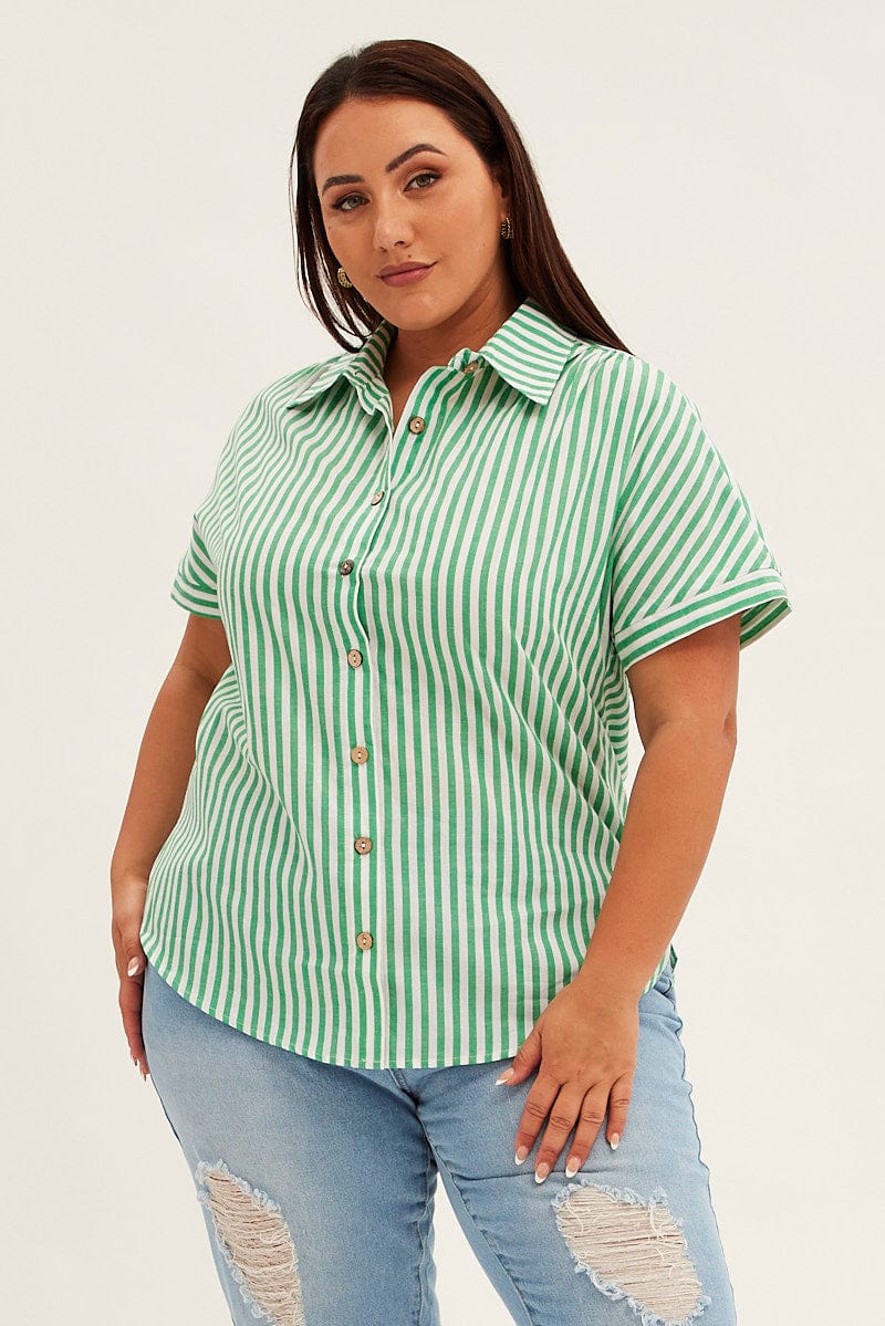 Green Stripe Relaxed Shirt Short Sleeve Button Up - Image 3