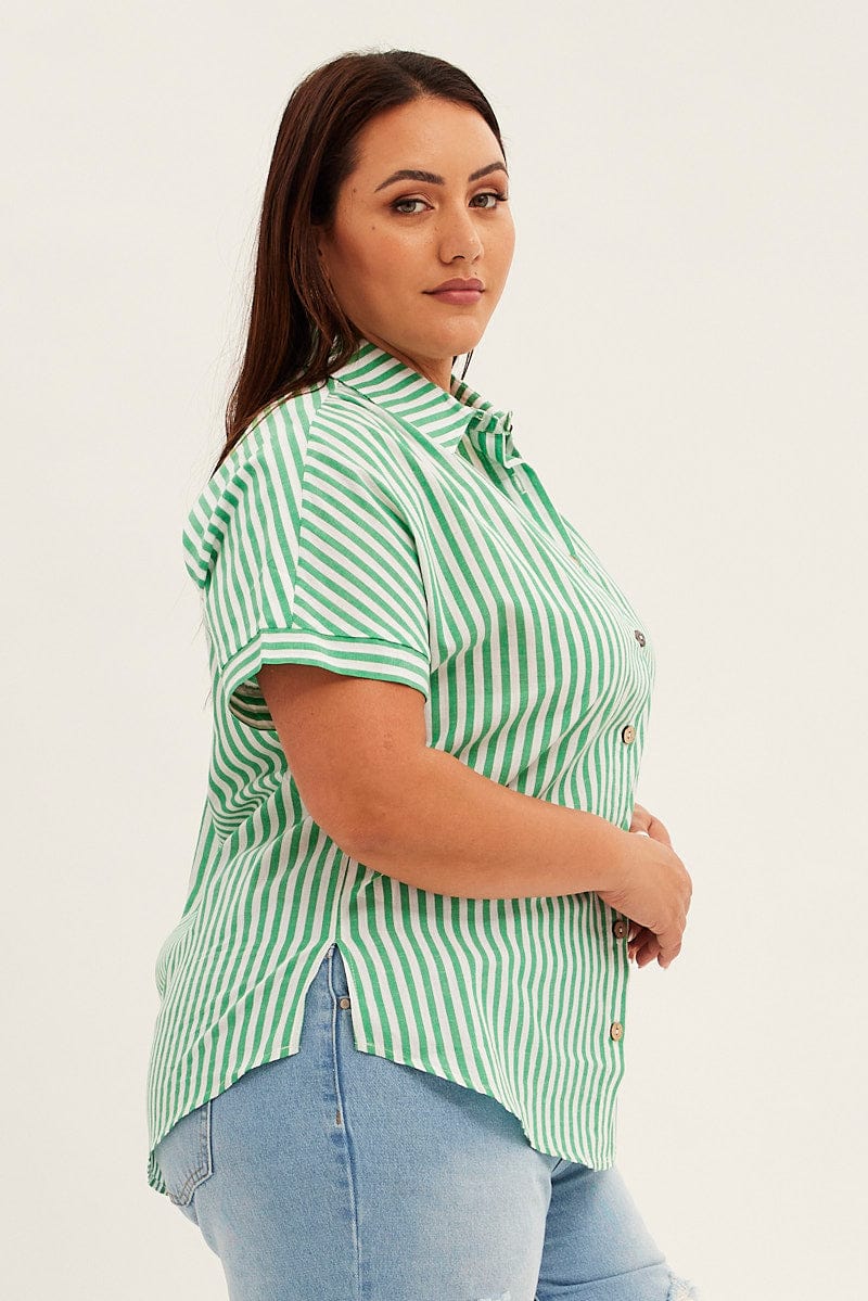 Green Stripe Relaxed Shirt Short Sleeve Button Up - Image 4
