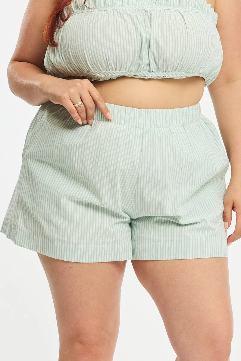 Green Stripe Shorts Elastic Waist - Image 2