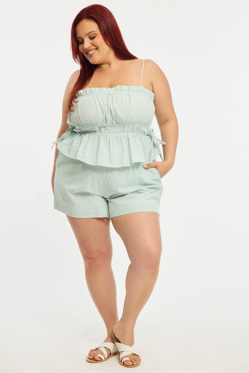 Green Stripe Shorts Elastic Waist - Image 3