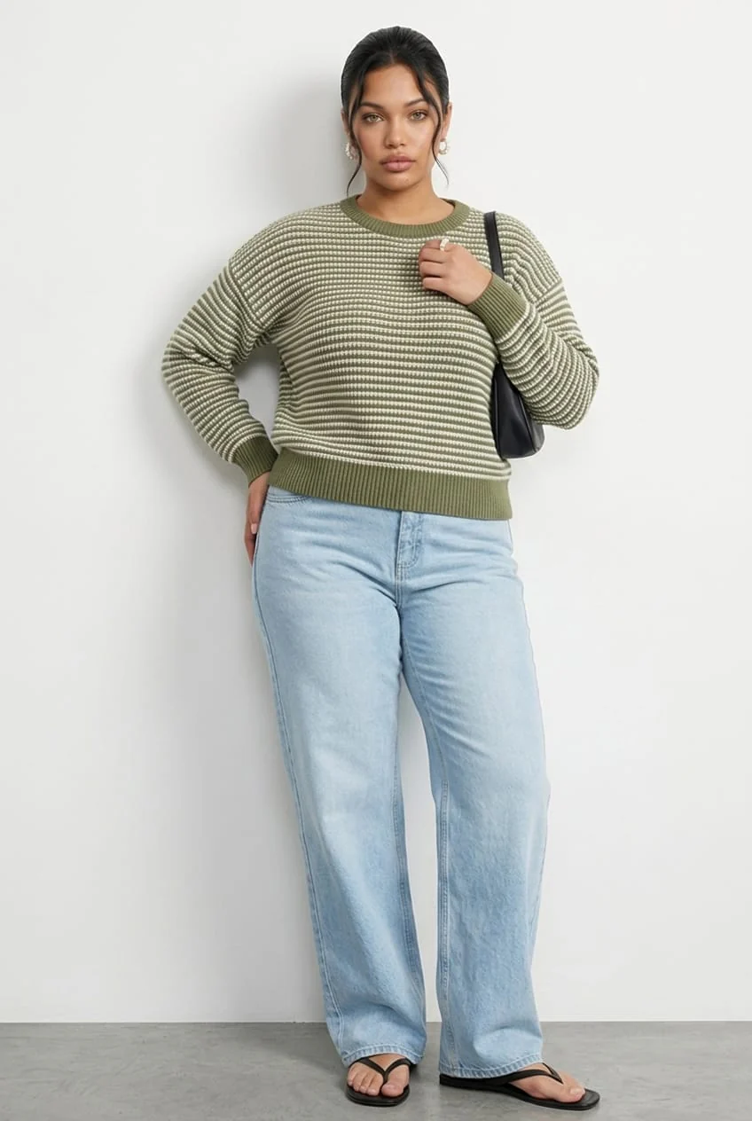 Green Stripe Stripe Knit Top Long Sleeve