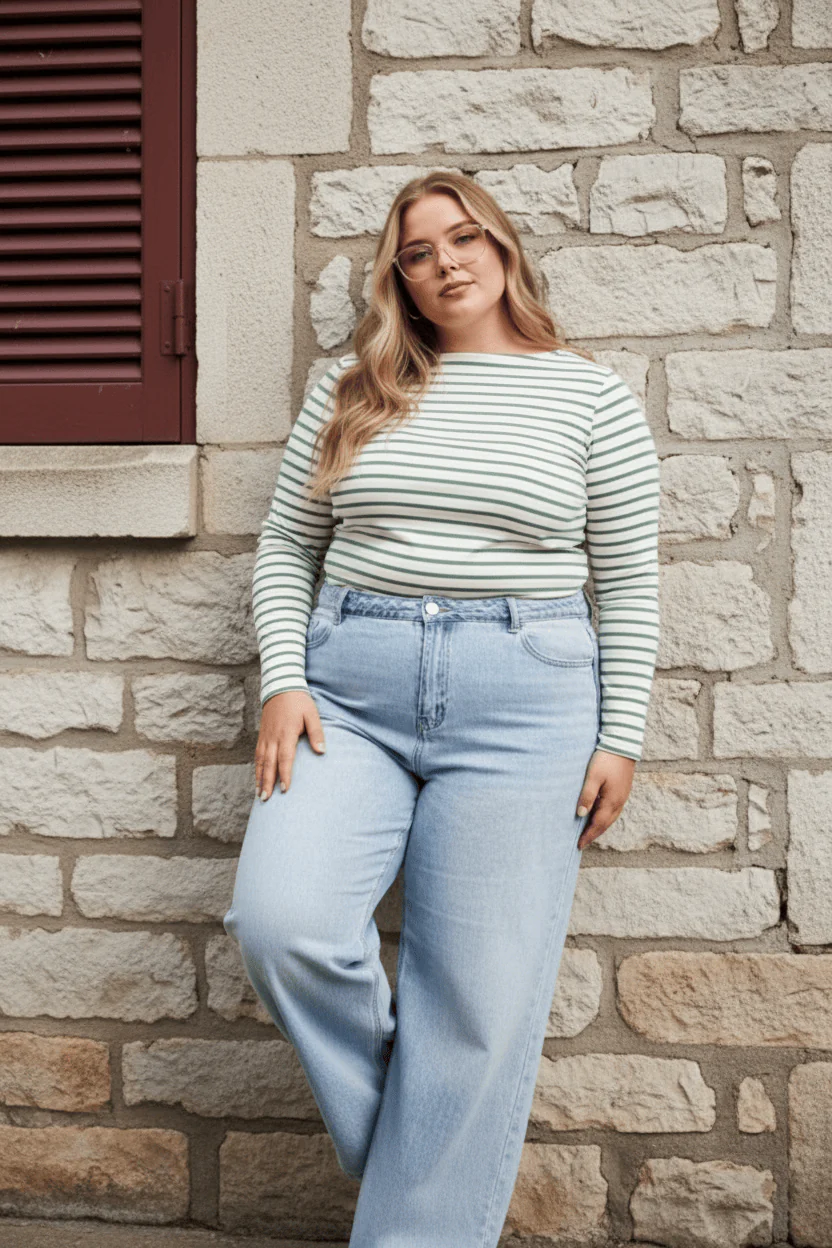 Green Stripe T-shirt Long Sleeve Boat Neck Longline