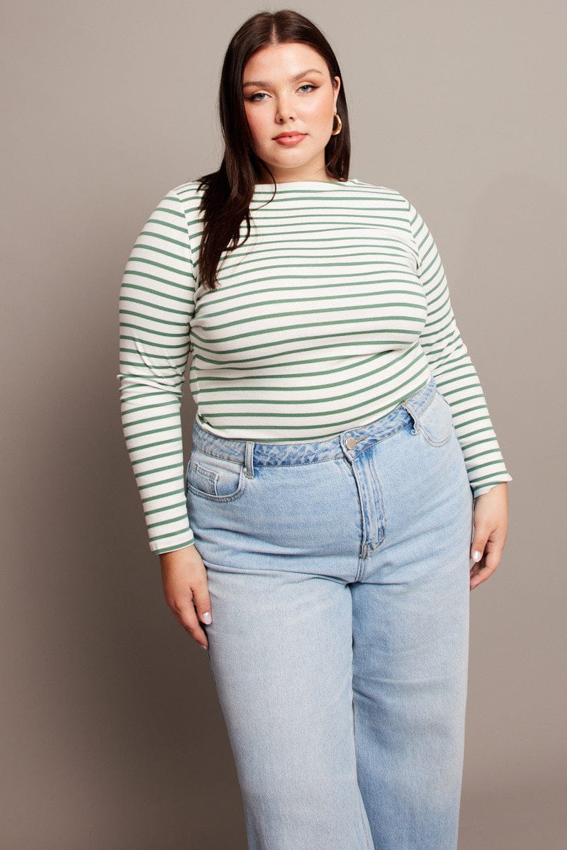 Green Stripe T-shirt Long Sleeve Boat Neck Longline - Image 2