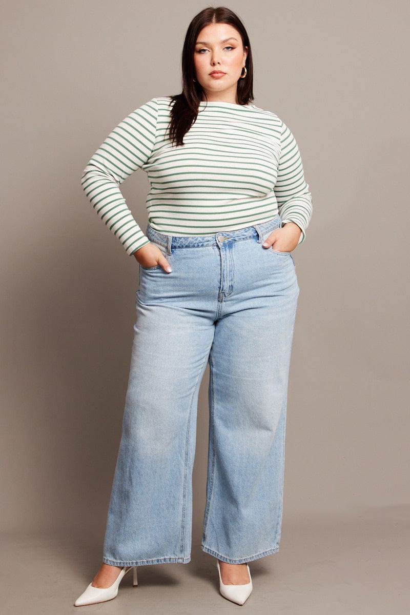 Green Stripe T-shirt Long Sleeve Boat Neck Longline - Image 3