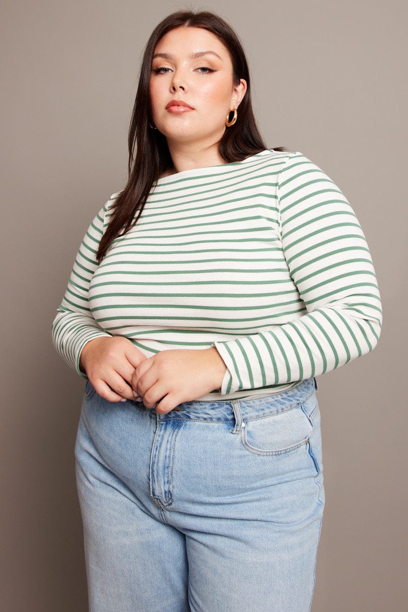 Green Stripe T-shirt Long Sleeve Boat Neck Longline - Image 4