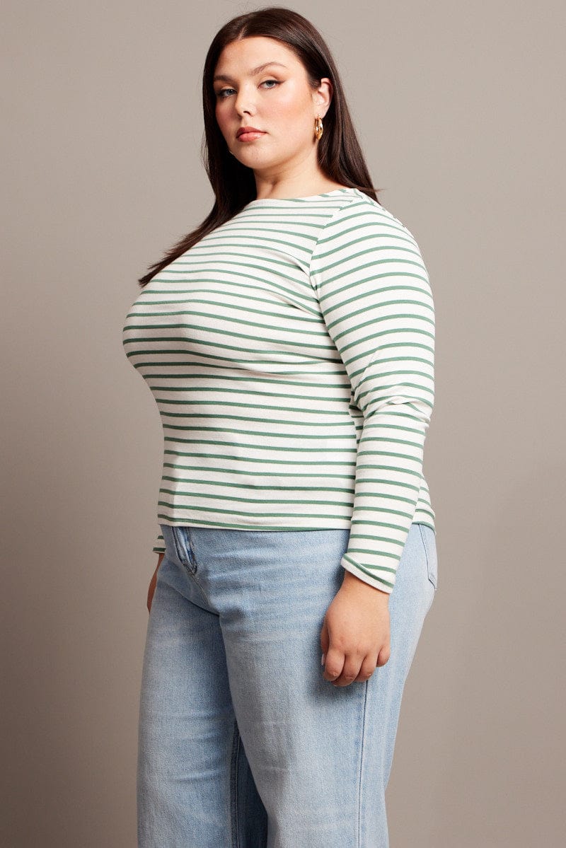 Green Stripe T-shirt Long Sleeve Boat Neck Longline - Image 5