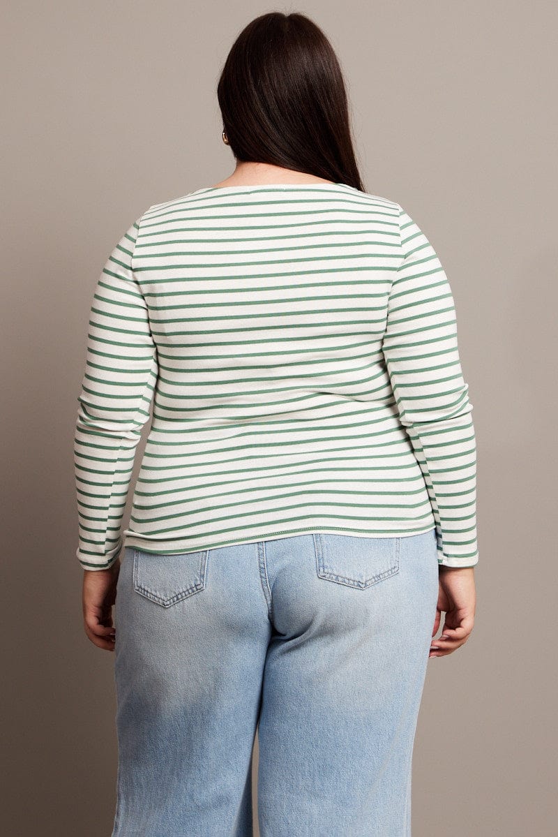 Green Stripe T-shirt Long Sleeve Boat Neck Longline - Image 6