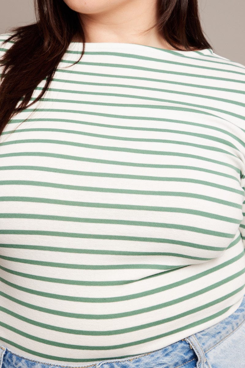 Green Stripe T-shirt Long Sleeve Boat Neck Longline - Image 7