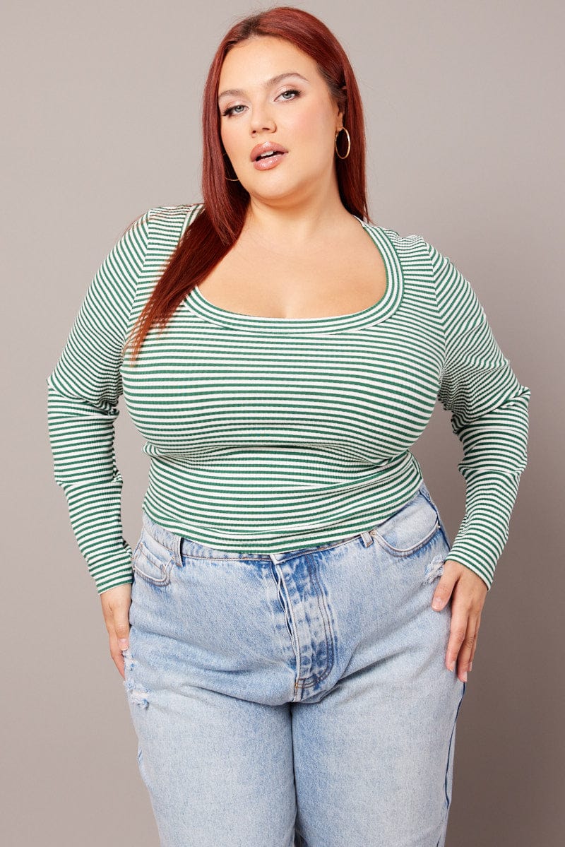 Green Stripe Top Long Sleeve Scoop Neck - Image 3