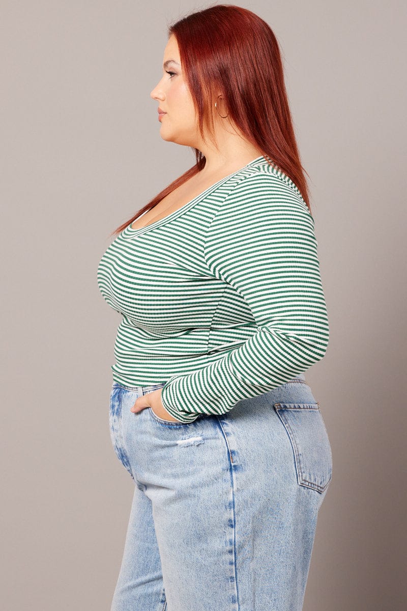 Green Stripe Top Long Sleeve Scoop Neck - Image 4
