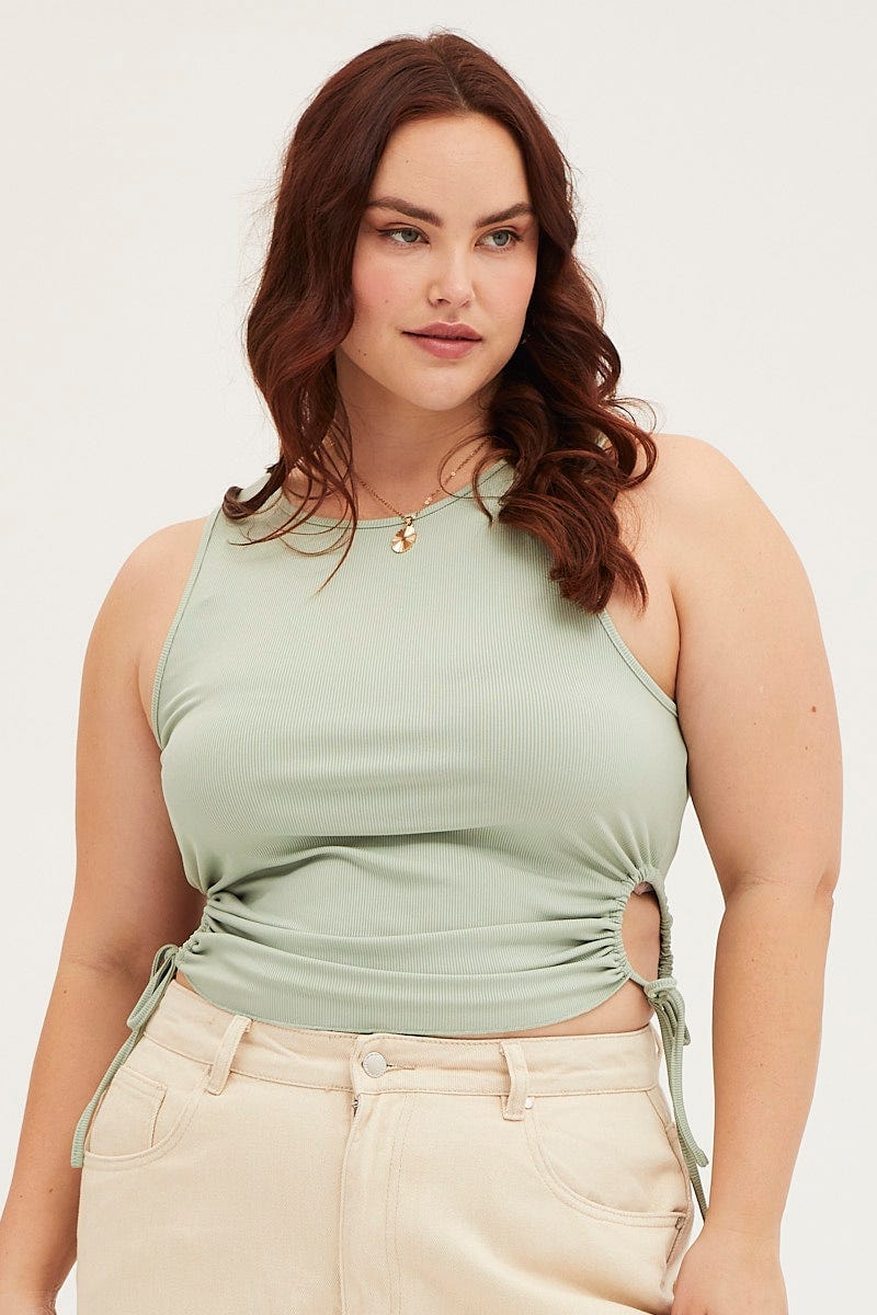 Green Tank Top Crew Neck Sleeveless Tie Side - Image 3