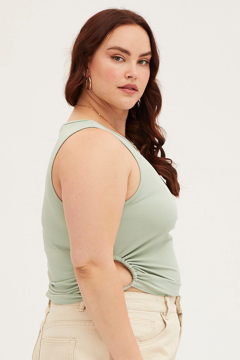 Green Tank Top Crew Neck Sleeveless Tie Side - Image 4