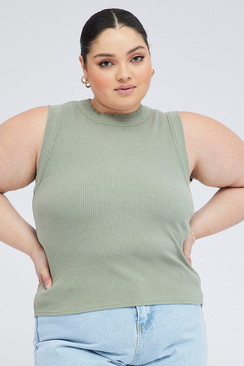 Green Tank Top Sleeveless Crew Neck