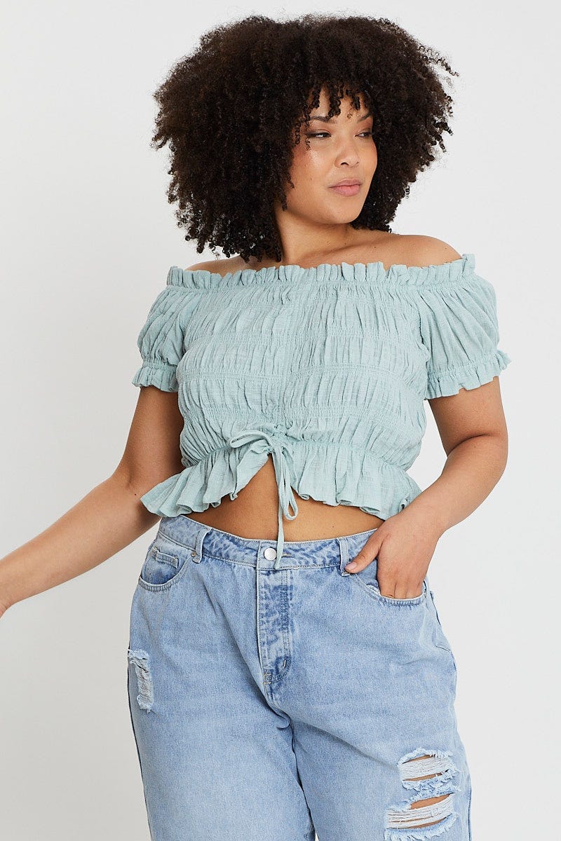 Green Textured Cotton Ruched Crop Top