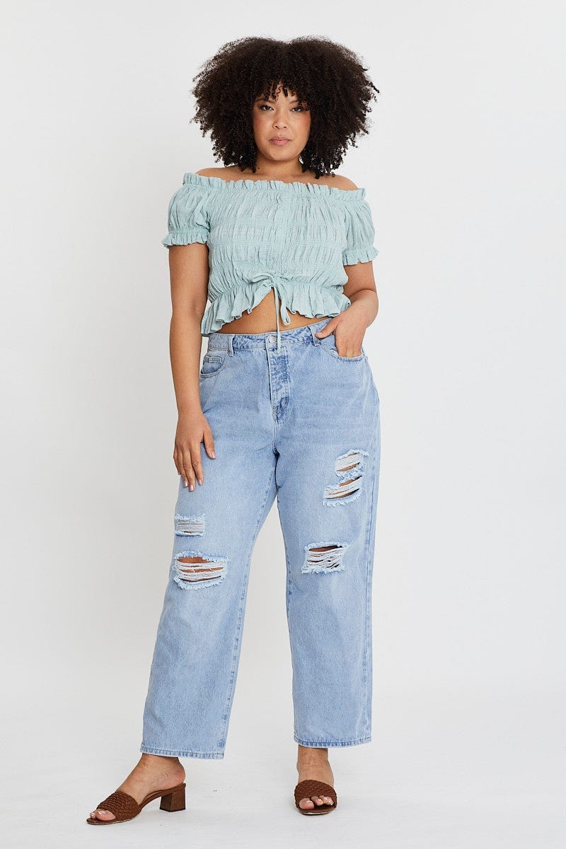 Green Textured Cotton Ruched Crop Top - Image 2