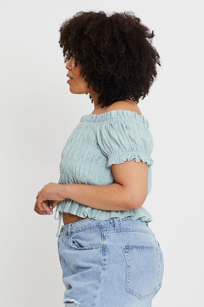 Green Textured Cotton Ruched Crop Top - Image 4