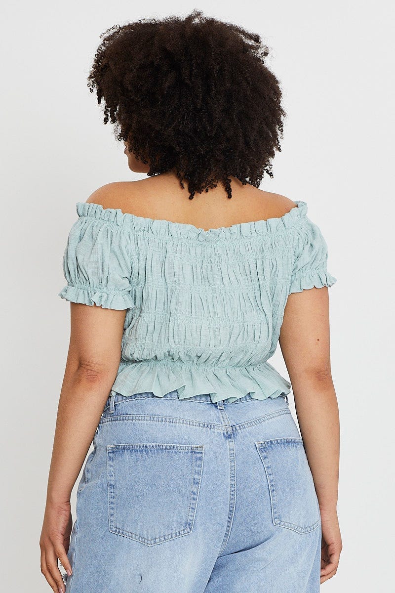 Green Textured Cotton Ruched Crop Top - Image 5