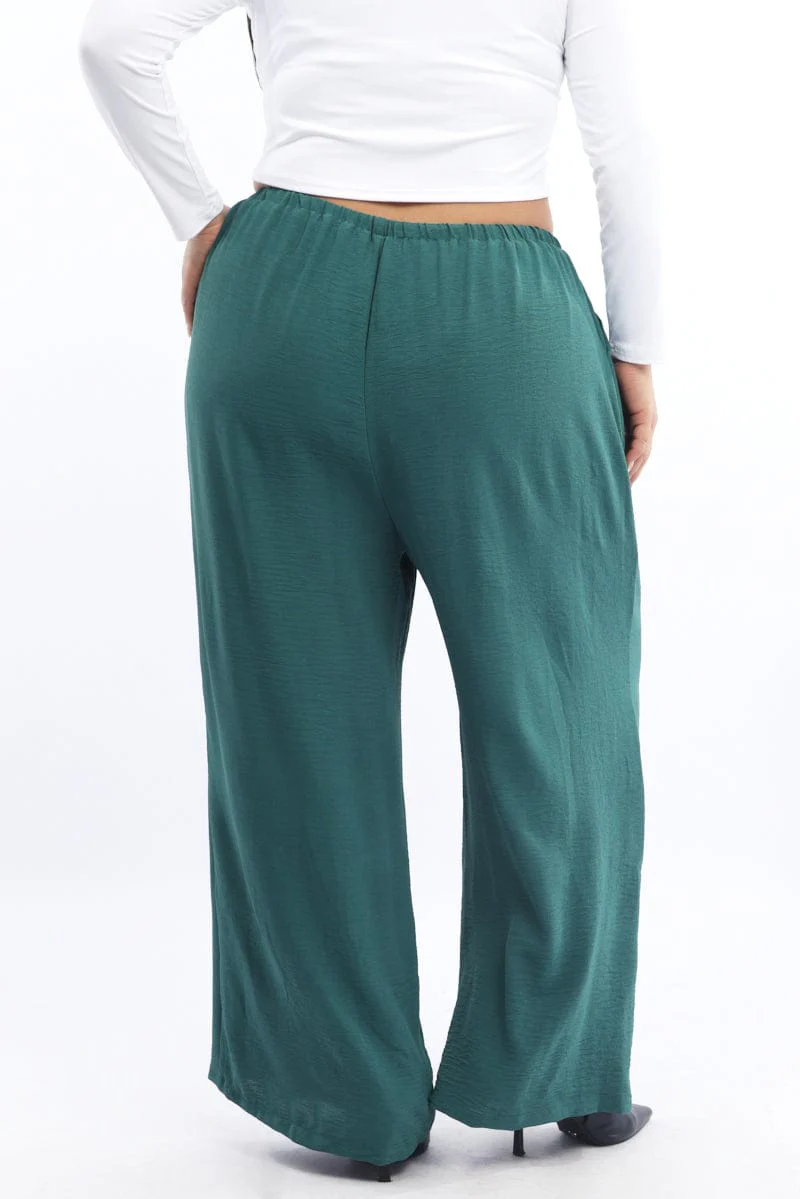 Green Textured Georgette Lined Wide Leg Pants - Image 4