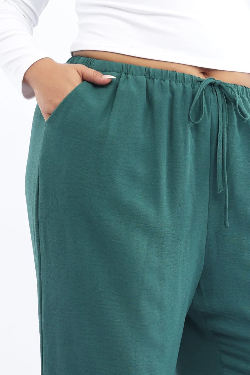 Green Textured Georgette Lined Wide Leg Pants - Image 5