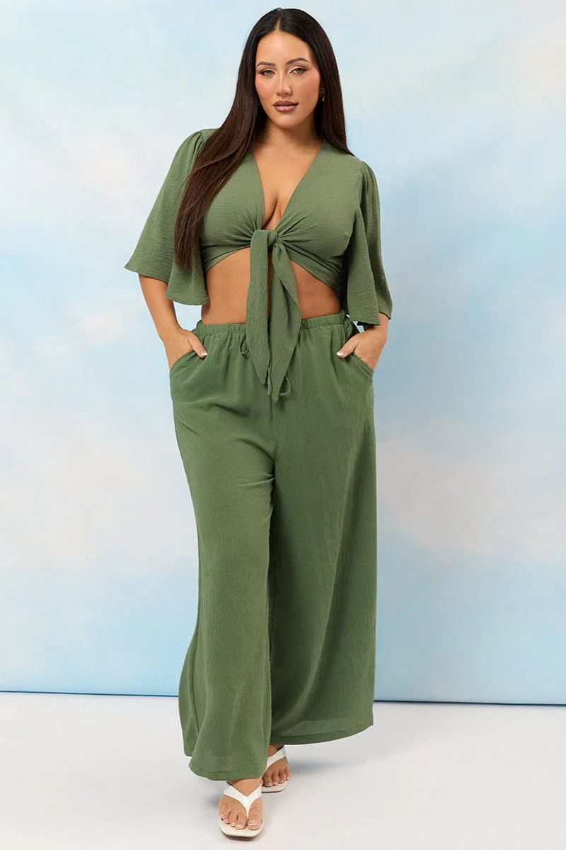 Green Textured Georgette Lined Wide Leg Pants