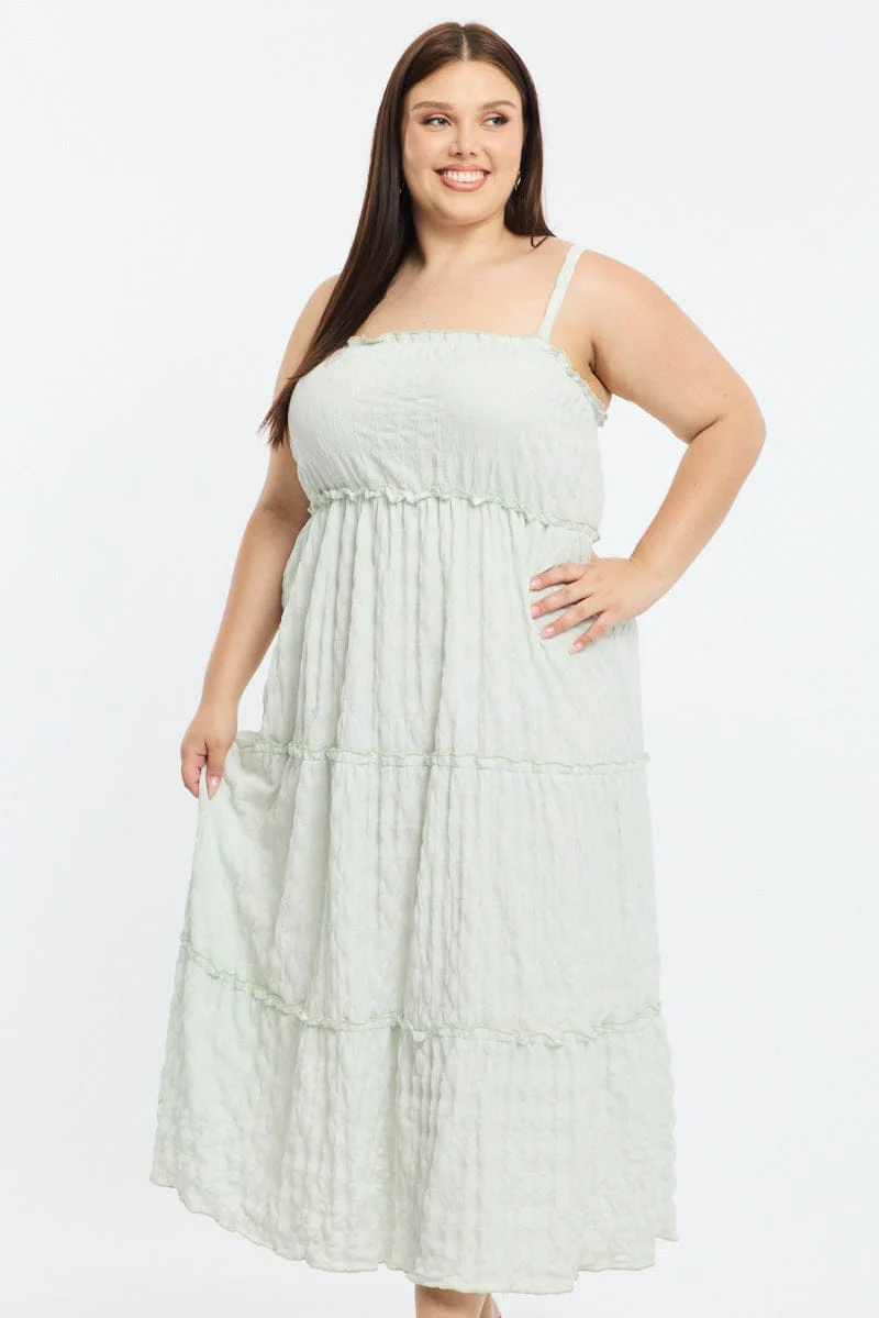 Green Textured Maxi Dress Sleeveless Tiered - Image 2