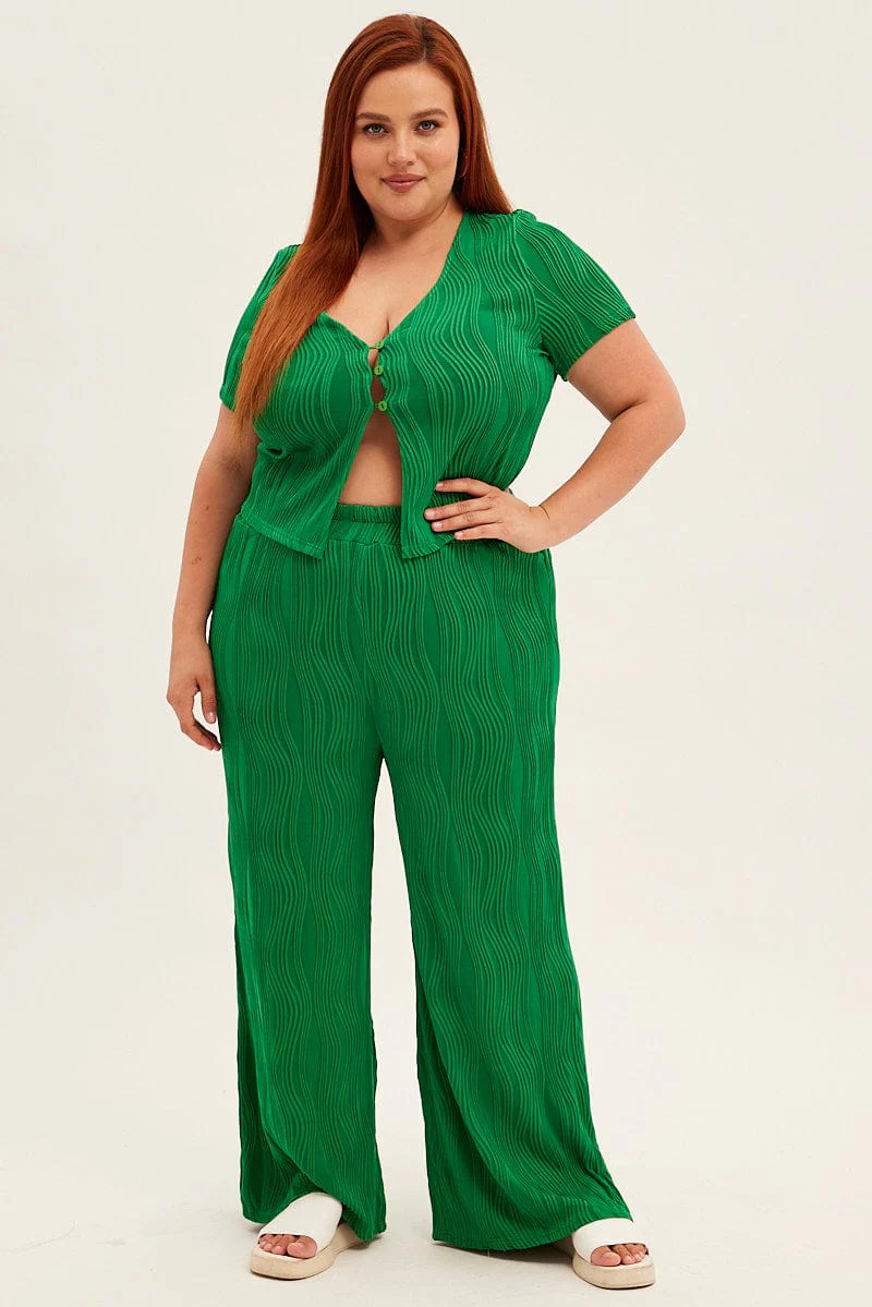 Green Textured Pant Wide Leg Wavy - Image 3