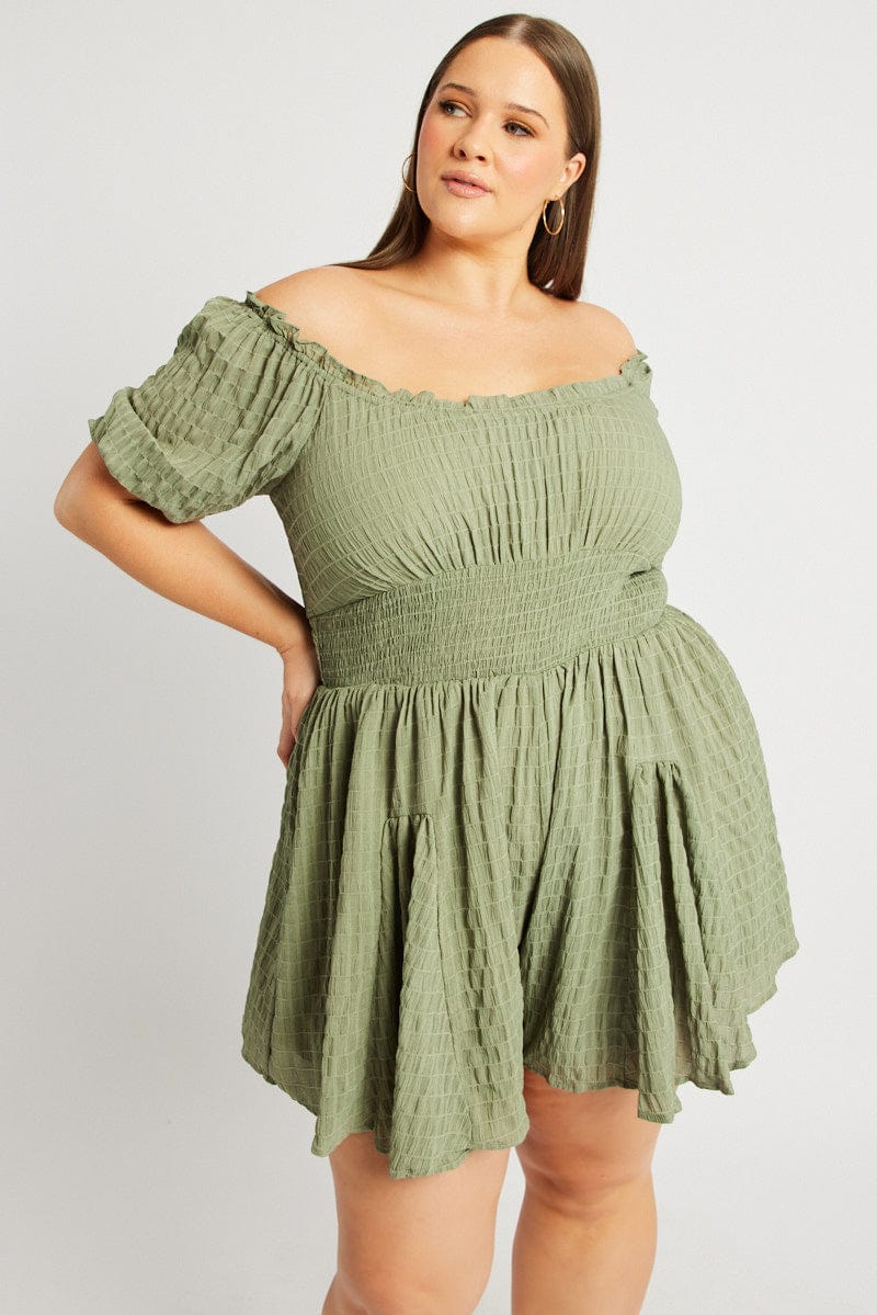 Green Textured Playsuit Short Sleeve