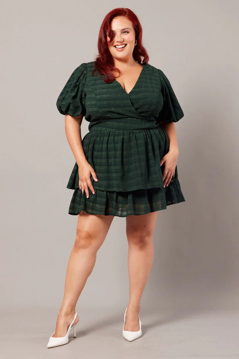 Green Textured Puff Sleeve Frill Dress - Image 2