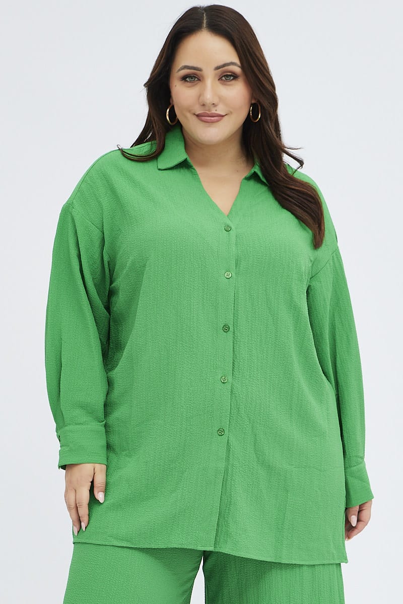Green Textured Shirt Crinkle Button Through Oversized