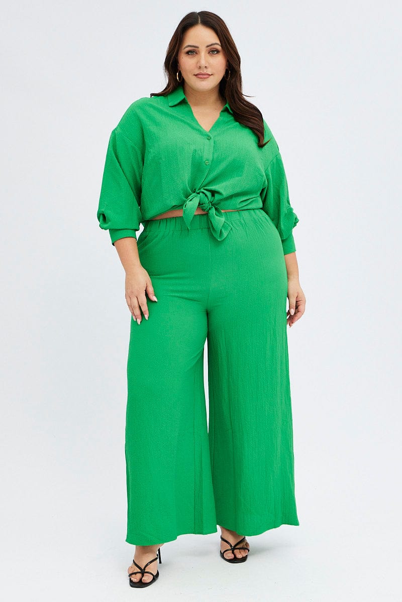 Green Textured Shirt Crinkle Button Through Oversized - Image 2