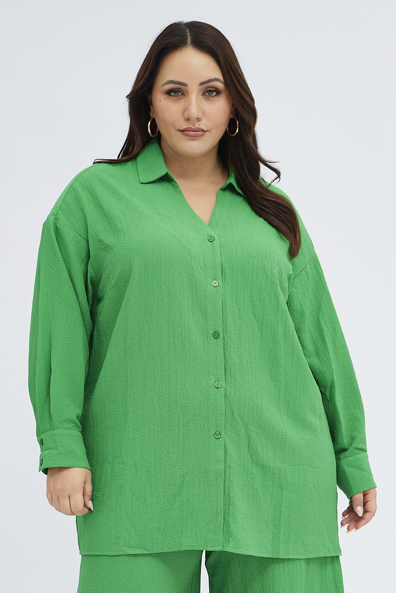 Green Textured Shirt Crinkle Button Through Oversized - Image 3