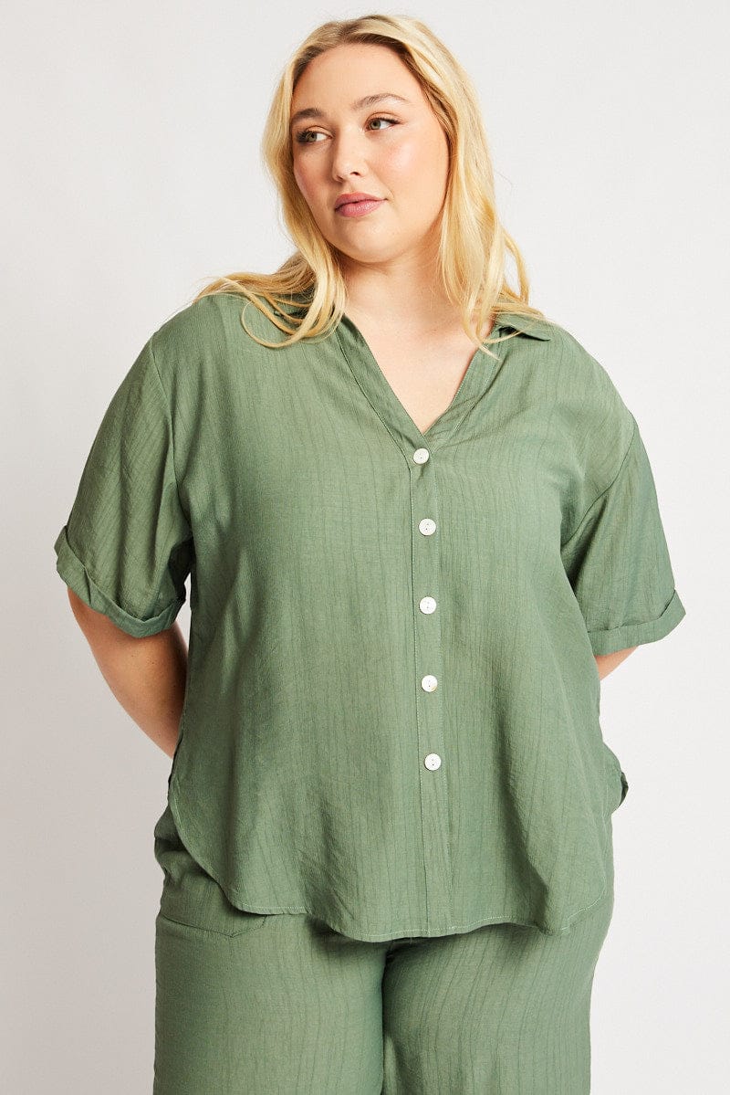 Green Textured Shirt Short Sleeve