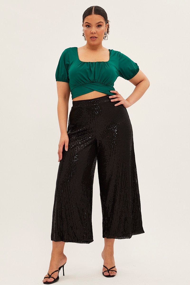 Green Tie-back Top Gathered Bust Short Sleeve - Image 2
