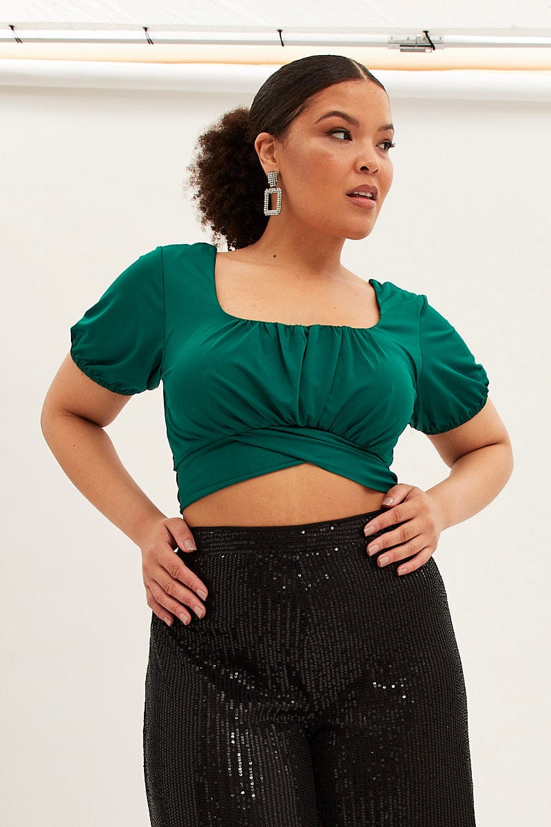 Green Tie-back Top Gathered Bust Short Sleeve - Image 3
