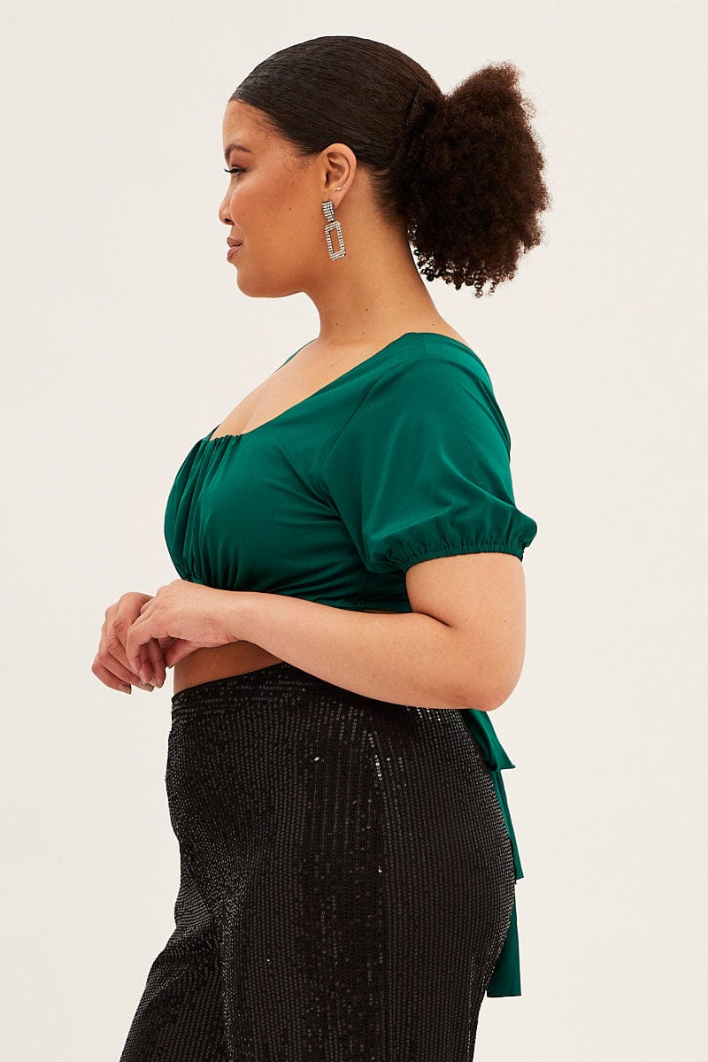 Green Tie-back Top Gathered Bust Short Sleeve - Image 4