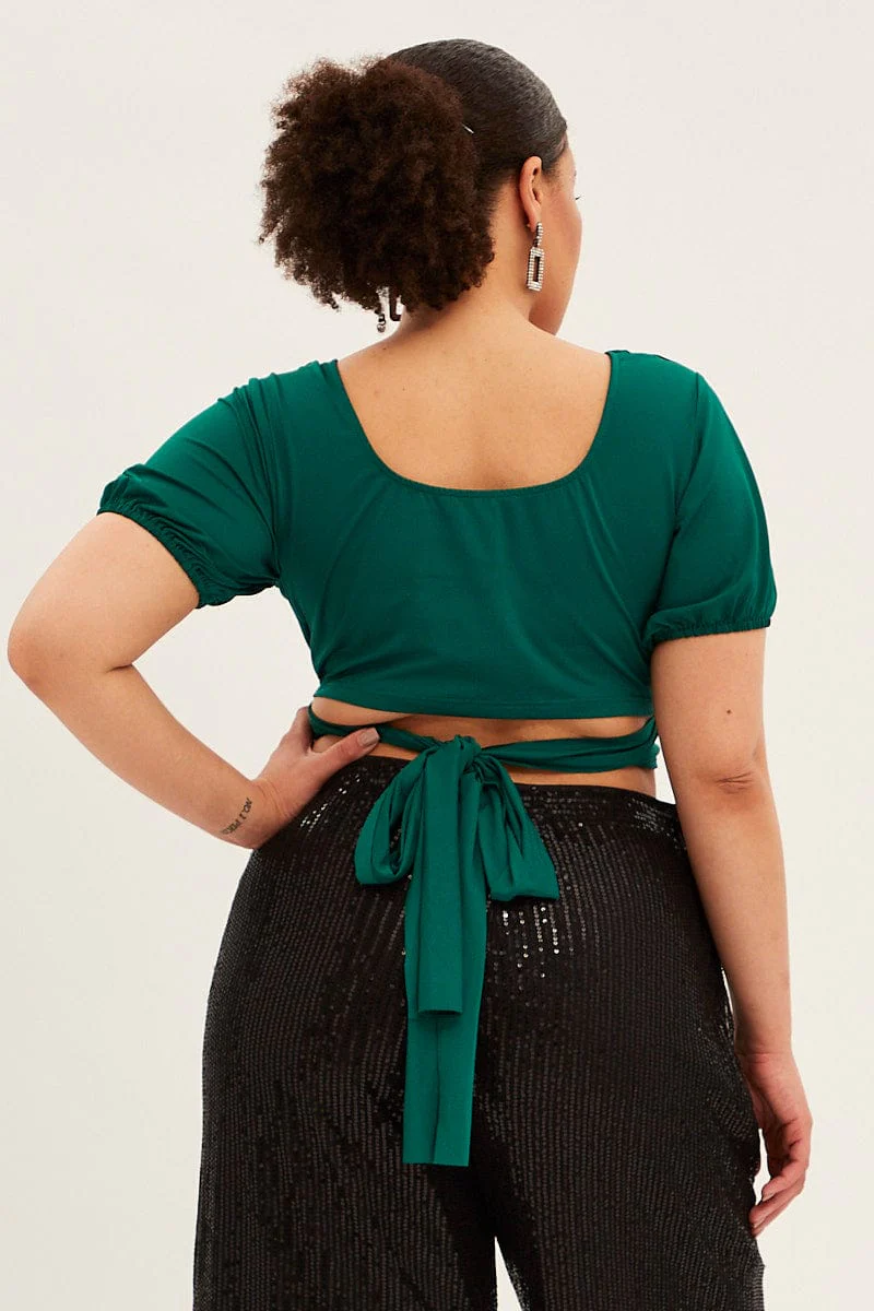 Green Tie-back Top Gathered Bust Short Sleeve - Image 5