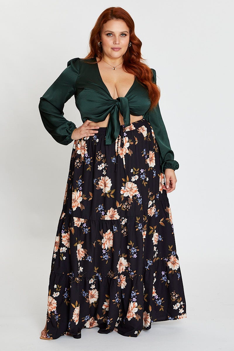 Green Tie Front Top Long Sleeve Crop Satin - Image 3