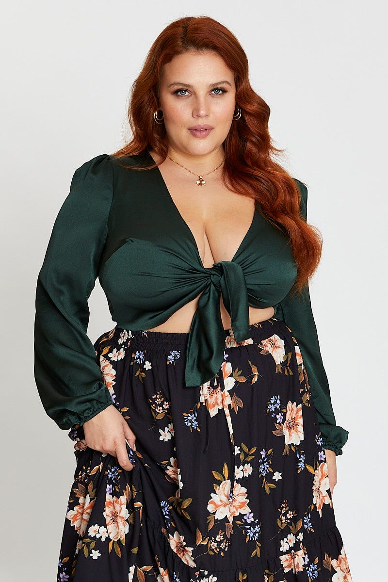 Green Tie Front Top Long Sleeve Crop Satin - Image 4