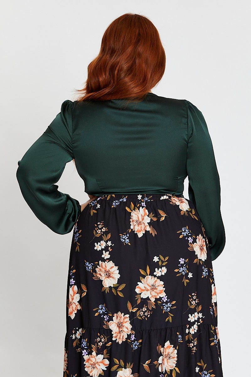 Green Tie Front Top Long Sleeve Crop Satin - Image 6