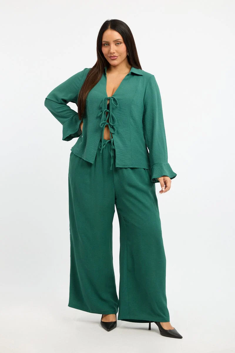 Green Tie Front Top Long Sleeve Textured - Image 2