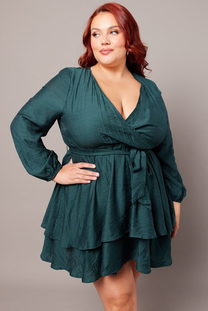 Green Tiered Cross Front Mini Dress - Image 3
