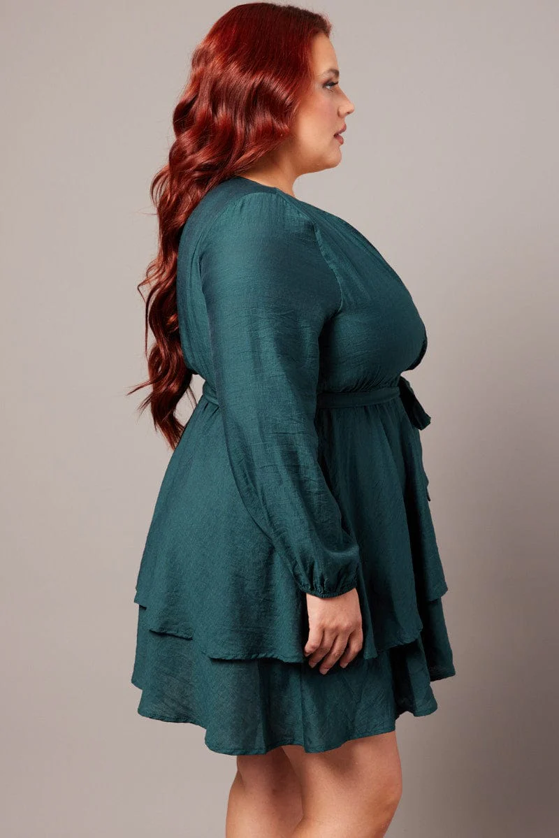Green Tiered Cross Front Mini Dress - Image 4