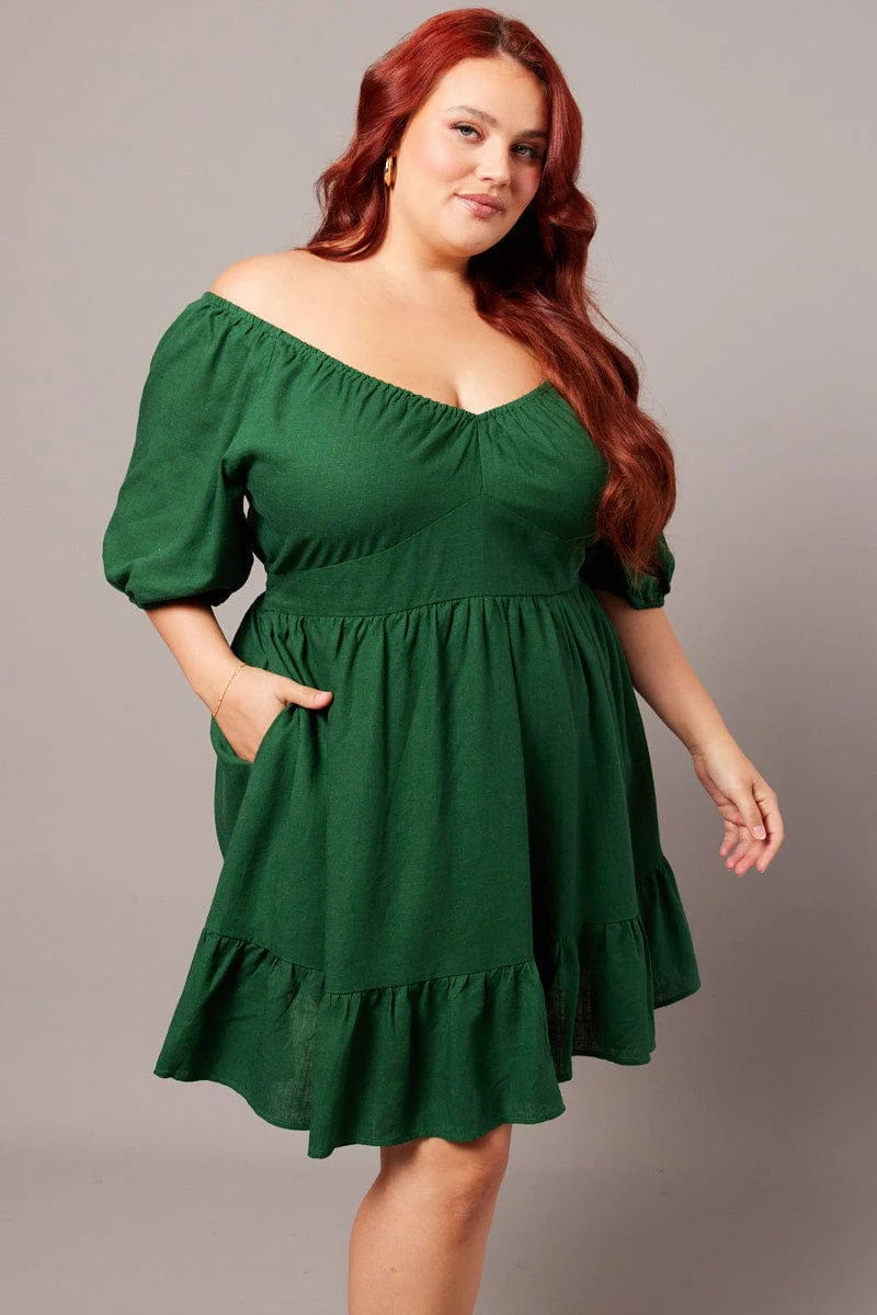 Green Tiered Mini Dress Shirred Back With Pockets - Image 3
