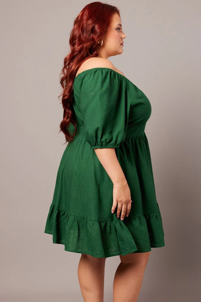 Green Tiered Mini Dress Shirred Back With Pockets - Image 4