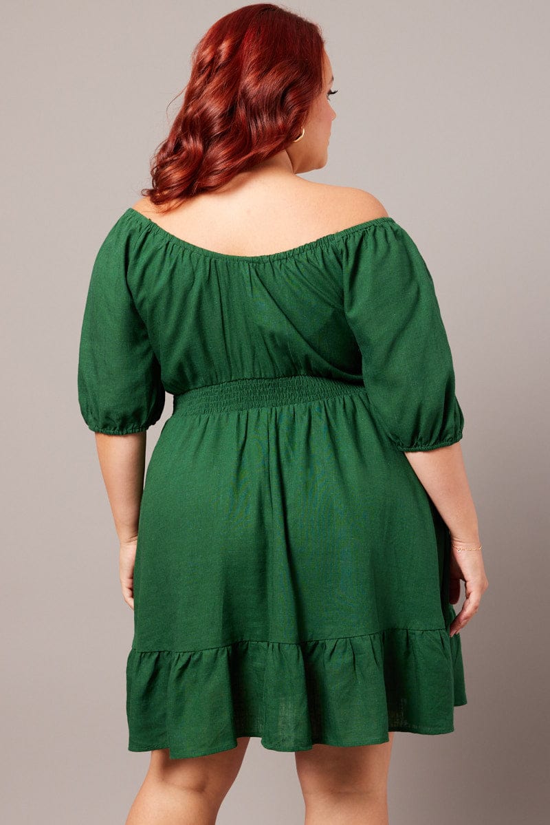 Green Tiered Mini Dress Shirred Back With Pockets - Image 5