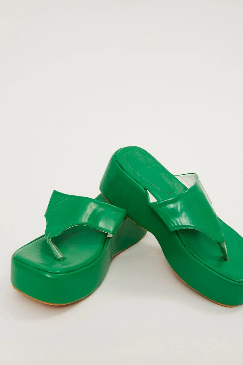 Green Toe Post Thong Wedge Sandals - Image 4