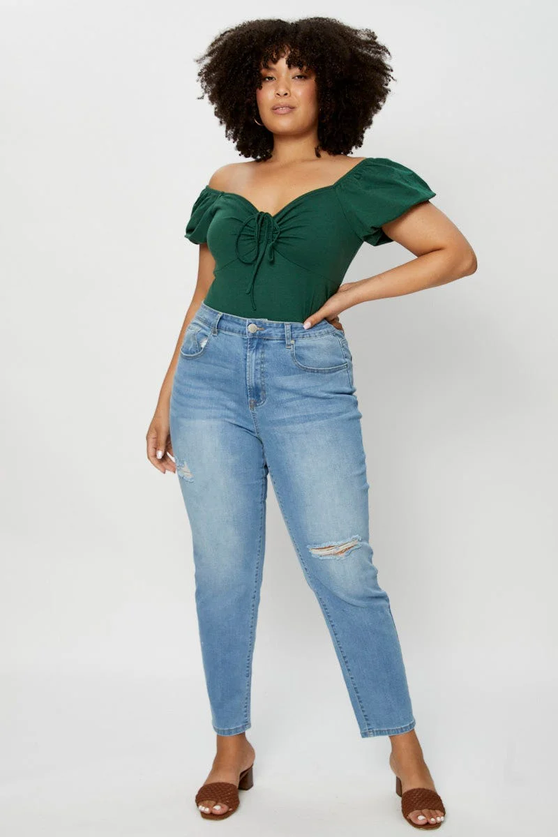 Green Top Off The Shoulder Puff Sleeve Tie Up - Image 2