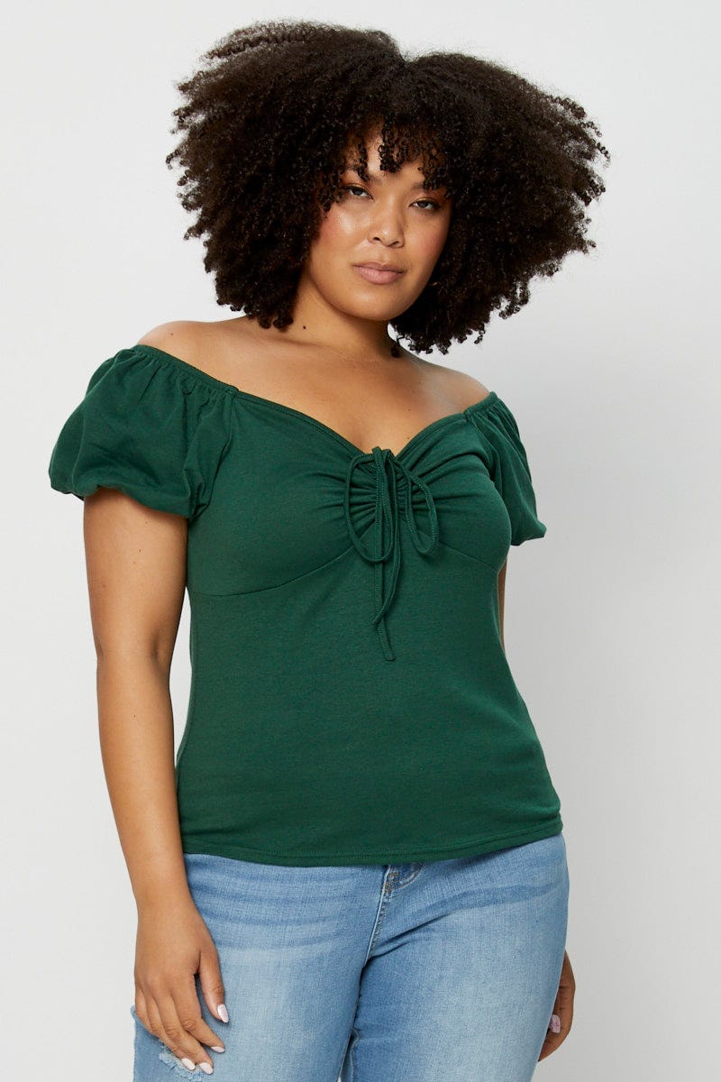 Green Top Off The Shoulder Puff Sleeve Tie Up - Image 3