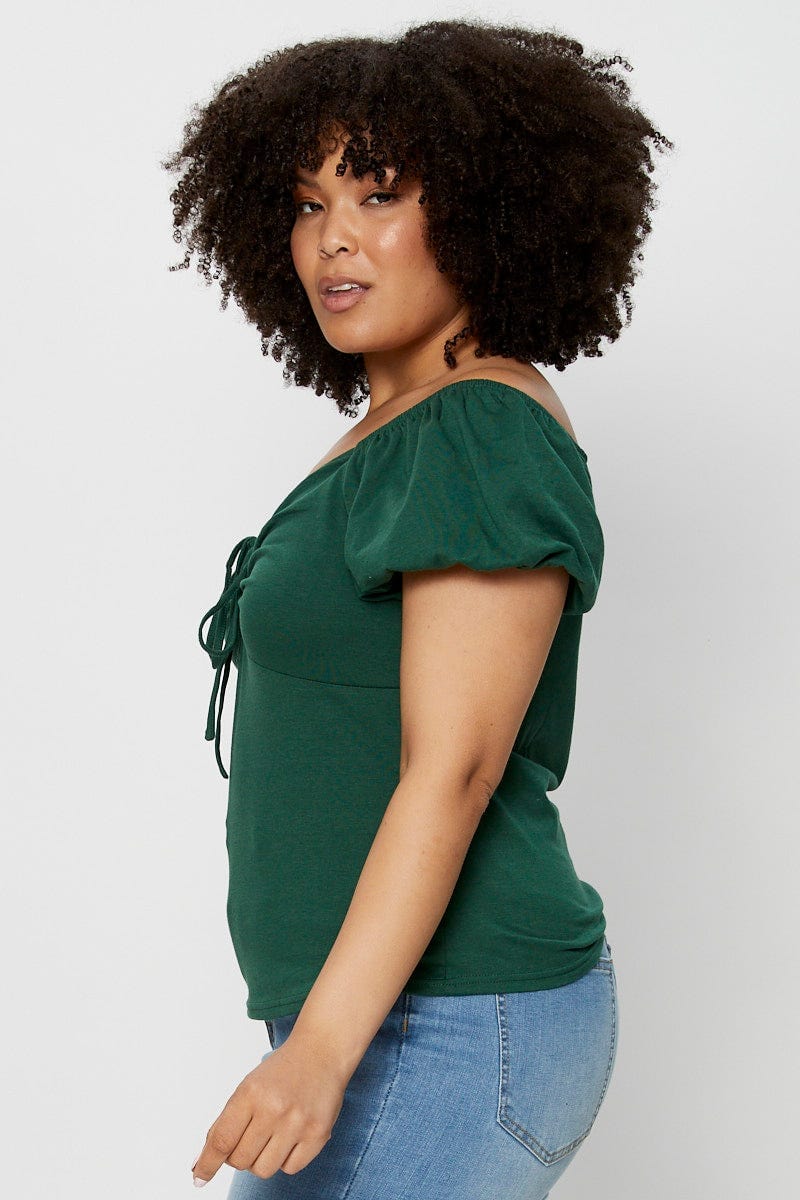 Green Top Off The Shoulder Puff Sleeve Tie Up - Image 4